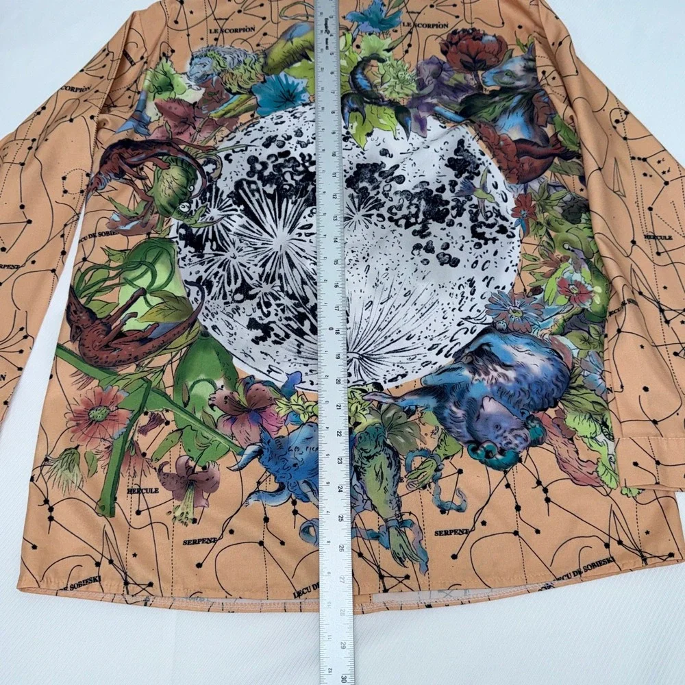 Chanel Celestial Zodiac Moon Print Cotton Button Down Shirt Peach Long Sleeve